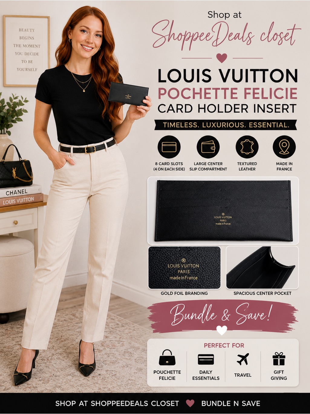 Louis Vuitton Pochette Flicie Black Leather Card Holder Insert